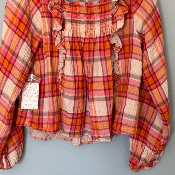 Free People Plaid Seina Blouse Smocked Square Neck Retro Peasant Top NWT - Picture 7 of 11